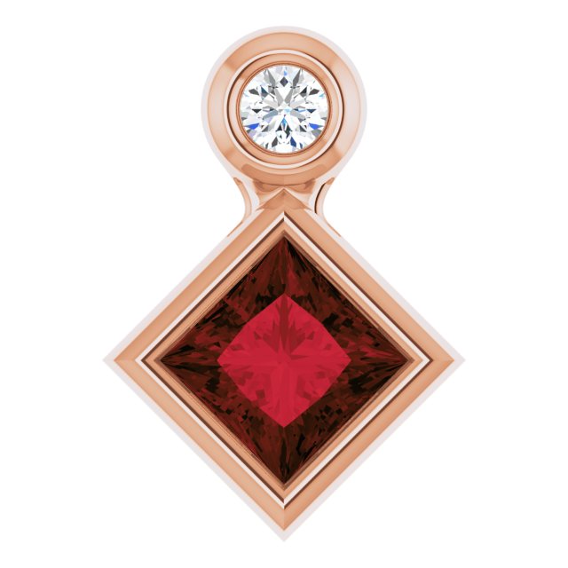 14K Rose 4x4 mm Square Natural Mozambique Garnet & .03 CT Natural Diamond Pendant