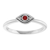 Sterling Silver Natural Mozambique Garnet Stackable Evil Eye Ring