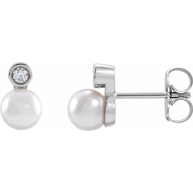 14K White Cultured White Akoya Pearl & Natural Diamond Earrings - Part 87317:155:P