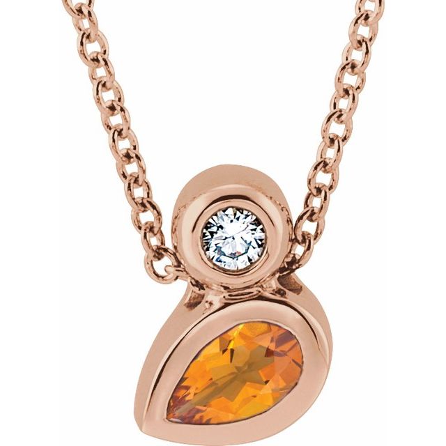 14K Rose 5x3 mm Pear Natural Citrine & .03 CT Natural Diamond 16-18" Necklace