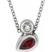 Sterling Silver 5x3 mm Pear Natural Mozambique Garnet & .03 CT Natural Diamond 16-18" Necklace