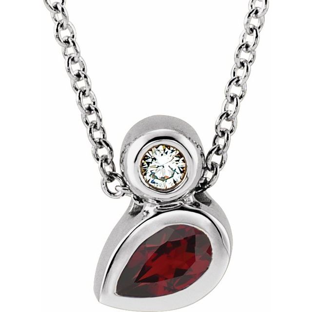 Sterling Silver 5x3 mm Pear Natural Mozambique Garnet & .03 CT Natural Diamond 16-18" Necklace