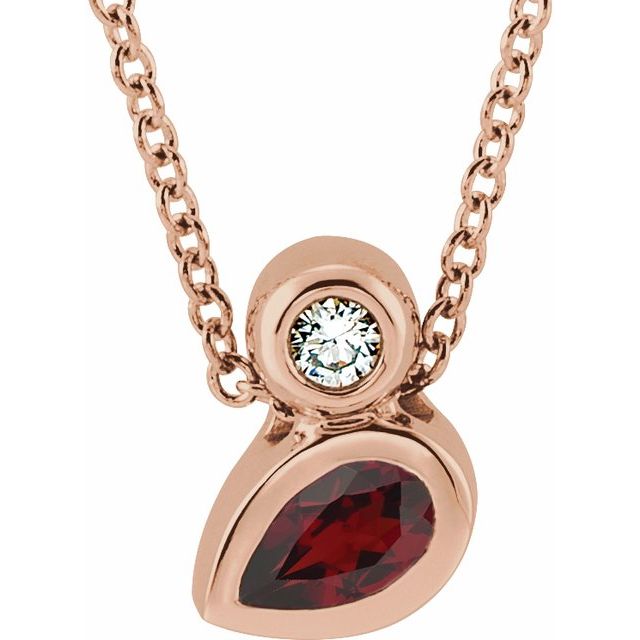 14K Rose 5x3 mm Pear Natural Mozambique Garnet & .03 CT Natural Diamond 16-18" Necklace