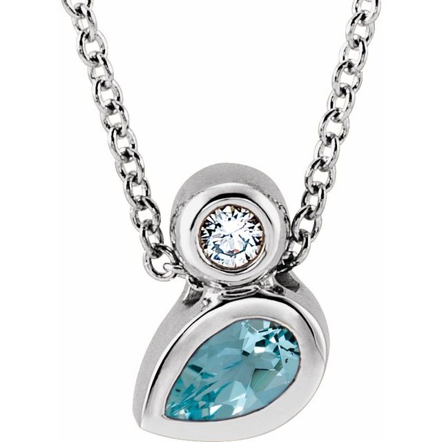 Sterling Silver 5x3 mm Pear Natural Aquamarine & .03 CT Natural Diamond 16-18" Necklace