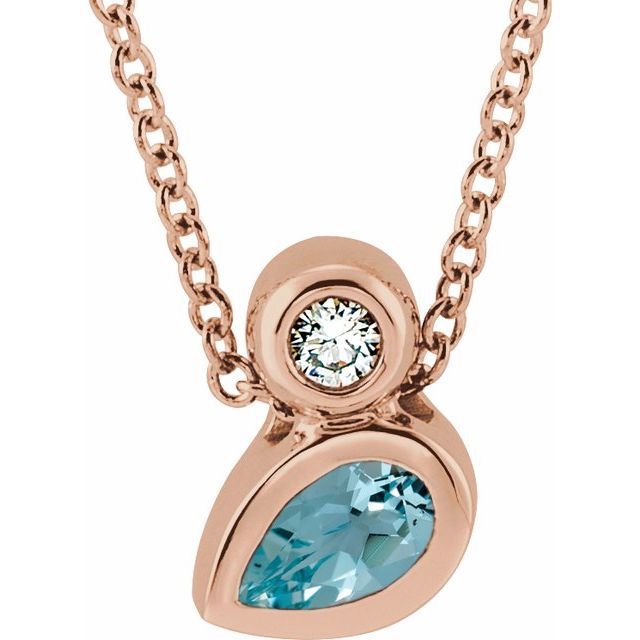 14K Rose 5x3 mm Pear Natural Aquamarine & .03 CT Natural Diamond 16-18" Necklace