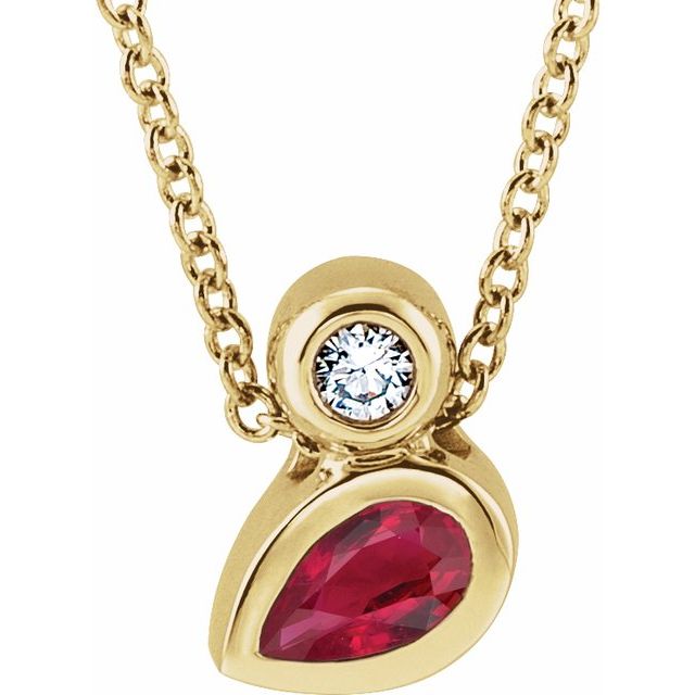 14K Yellow 5x3 mm Pear Natural Ruby & .03 CT Diamond 16-18" Necklace