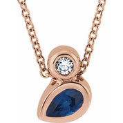 14K Rose 5x3 mm Pear Natural Blue Sapphire & .03 CT Natural Diamond 16-18" Necklace