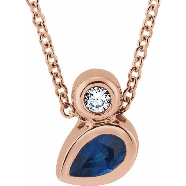 14K Rose 5x3 mm Pear Natural Blue Sapphire & .03 CT Natural Diamond 16-18" Necklace