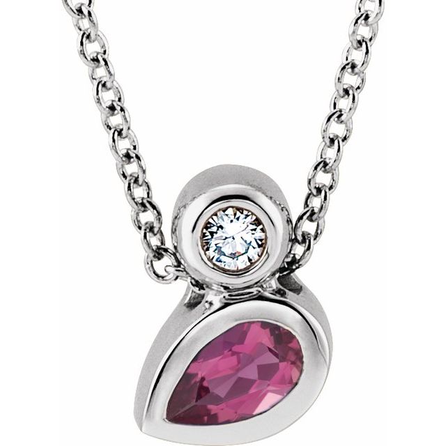 Sterling Silver 5x3 mm Pear Natural Pink Tourmaline & .03 CT Natural Diamond 16-18" Necklace