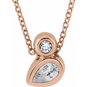 14K Rose 5x3 mm Pear Natural White Sapphire & .03 CT Natural Diamond 16-18" Necklace