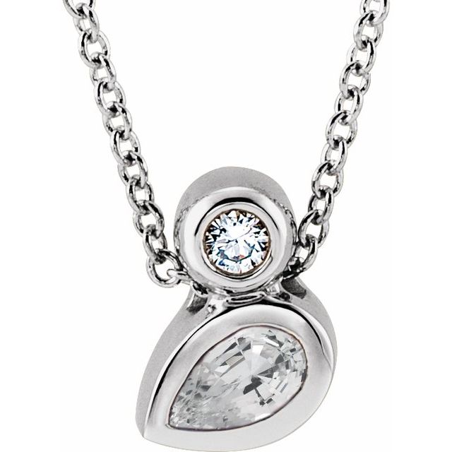 Sterling Silver 5x3 mm Pear Natural White Sapphire & .03 CT Natural Diamond 16-18" Necklace