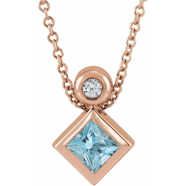 14K Rose 4x4 mm Square Natural Aquamarine & .03 CT Natural Diamond 16-18" Necklace