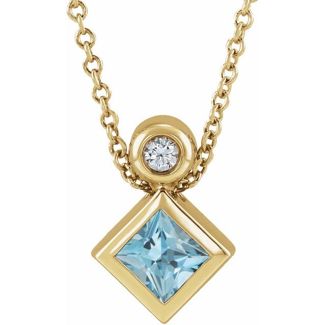 14K Yellow 4x4 mm Square Natural Aquamarine & .03 CT Natural Diamond 16-18" Necklace