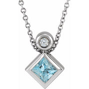 Sterling Silver 4x4 mm Square Natural Aquamarine & .03 CT Natural Diamond 16-18" Necklace