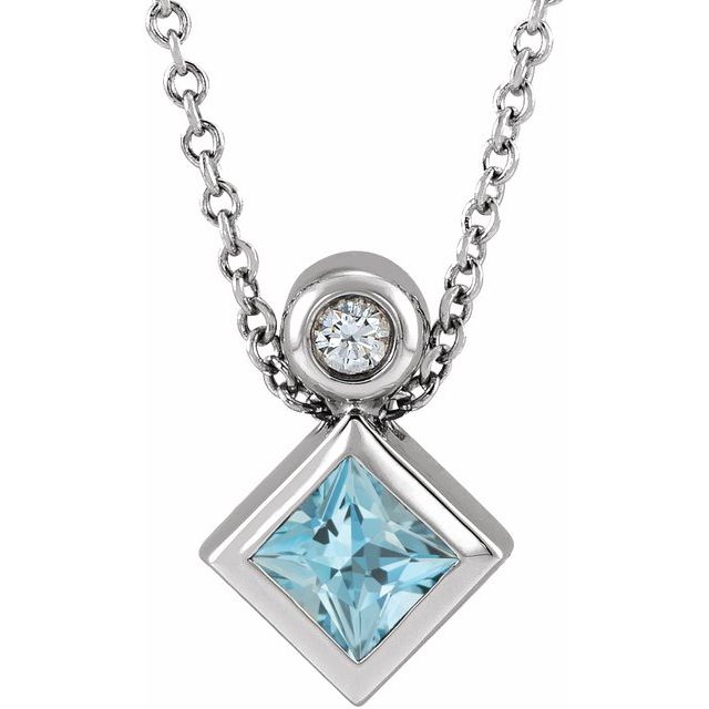 Sterling Silver 4x4 mm Square Natural Aquamarine & .03 CT Natural Diamond 16-18" Necklace