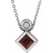 Sterling Silver 4x4 mm Square Natural Mozambique Garnet & .03 CT Natural Diamond 16-18" Necklace