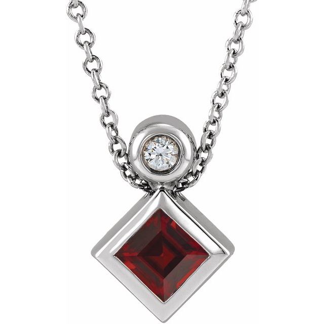 Sterling Silver 4x4 mm Square Natural Mozambique Garnet & .03 CT Natural Diamond 16-18" Necklace