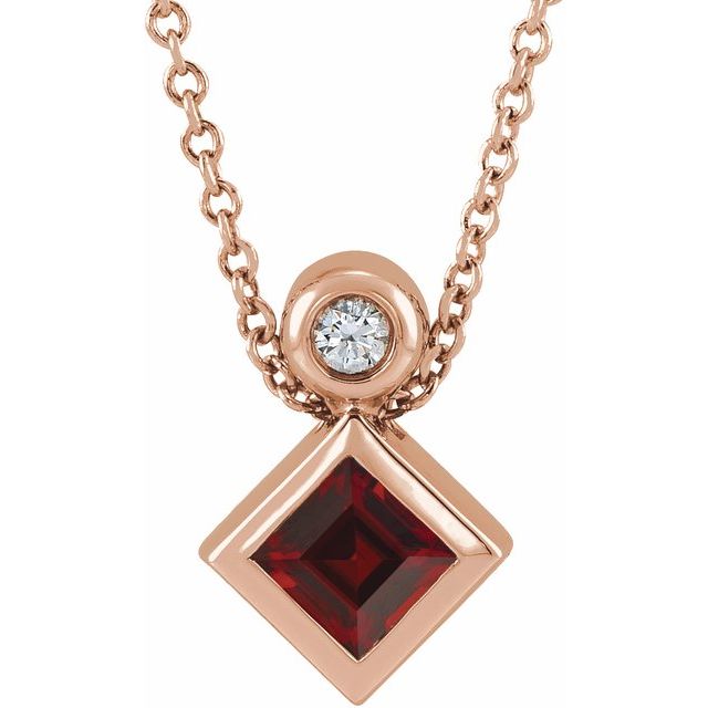 14K Rose 4x4 mm Square Natural Mozambique Garnet & .03 CT Natural Diamond 16-18" Necklace