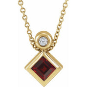 14K Yellow 4x4 mm Square Natural Mozambique Garnet & .03 CT Natural Diamond 16-18" Necklace