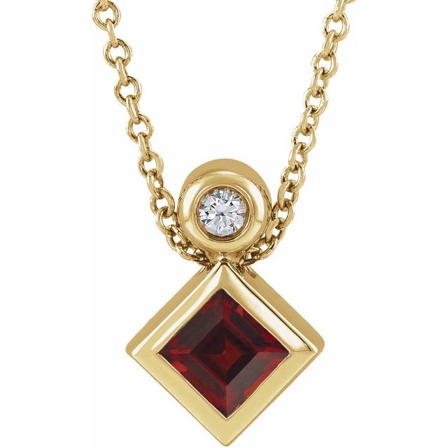14K Yellow 4x4 mm Square Natural Mozambique Garnet & .03 CT Natural Diamond 16-18" Necklace