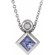 Sterling Silver 4x4 mm Square Natural Tanzanite & .03 CT Natural Diamond 16-18" Necklace