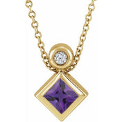 14K 4x4 mm Square Natural Amethyst & .03 CT Natural Diamond 16-18" Necklace