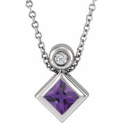 Sterling Silver 4x4 mm Square Natural Amethyst & .03 CT Natural Diamond 16-18" Necklace