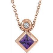 14K 4x4 mm Square Natural Amethyst & .03 CT Natural Diamond 16-18" Necklace