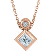 14K Rose 4x4 mm Square Natural White Sapphire & .03 CT Natural Diamond 16-18" Necklace