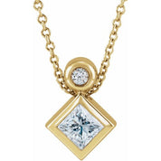 14K Yellow 4x4 mm Square Natural White Sapphire & .03 CT Natural Diamond 16-18" Necklace