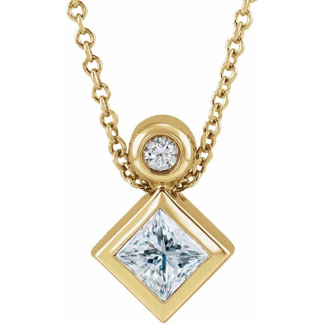 14K Yellow 4x4 mm Square Natural White Sapphire & .03 CT Natural Diamond 16-18" Necklace