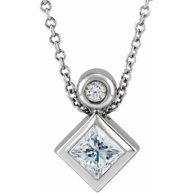 Sterling Silver 4x4 mm Square Natural White Sapphire & .03 CT Natural Diamond 16-18" Necklace