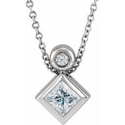 Platinum 4x4 mm Square Natural White Sapphire & .03 CT Natural Diamond 16-18" Necklace