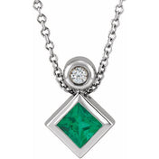 14K 4x4 mm Square Natural Emerald & .03 CT Natural Diamond 16-18" Necklace