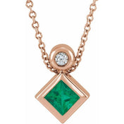 14K 4x4 mm Square Natural Emerald & .03 CT Natural Diamond 16-18" Necklace