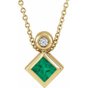 14K 4x4 mm Square Natural Emerald & .03 CT Natural Diamond 16-18" Necklace