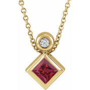 14K Yellow 4x4 mm Square Natural Ruby & .03 CT Natural Diamond 16-18" Necklace