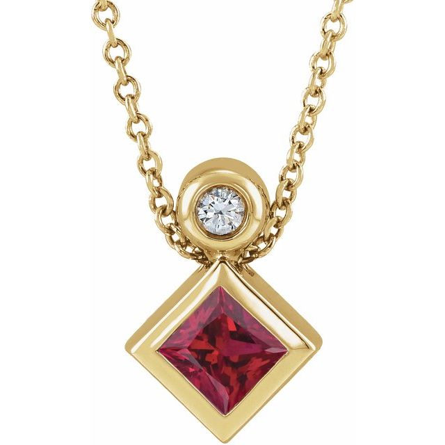 14K Yellow 4x4 mm Square Natural Ruby & .03 CT Natural Diamond 16-18" Necklace