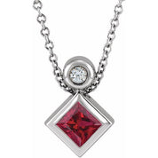 Platinum 4x4 mm Square Natural Ruby & .03 CT Natural Diamond 16-18" Necklace