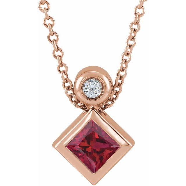 14K Rose 4x4 mm Square Natural Ruby & .03 CT Natural Diamond 16-18" Necklace
