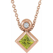 14K Rose 4x4 mm Square Natural Peridot & .03 CT Natural Diamond 16-18" Necklace