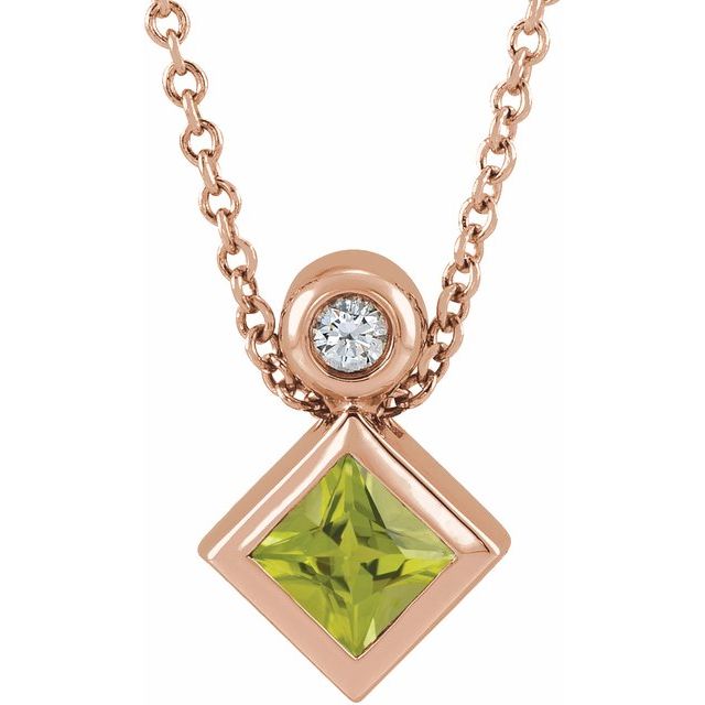 14K Rose 4x4 mm Square Natural Peridot & .03 CT Natural Diamond 16-18" Necklace