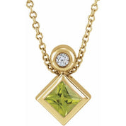 14K Yellow 4x4 mm Square Natural Peridot & .03 CT Natural Diamond 16-18" Necklace