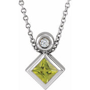 Sterling Silver 4x4 mm Square Natural Peridot & .03 CT Natural Diamond 16-18" Necklace