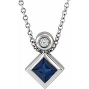 Sterling Silver 4x4 mm Square Lab-Grown Blue Sapphire & .03 CT Natural Diamond 16-18" Necklace