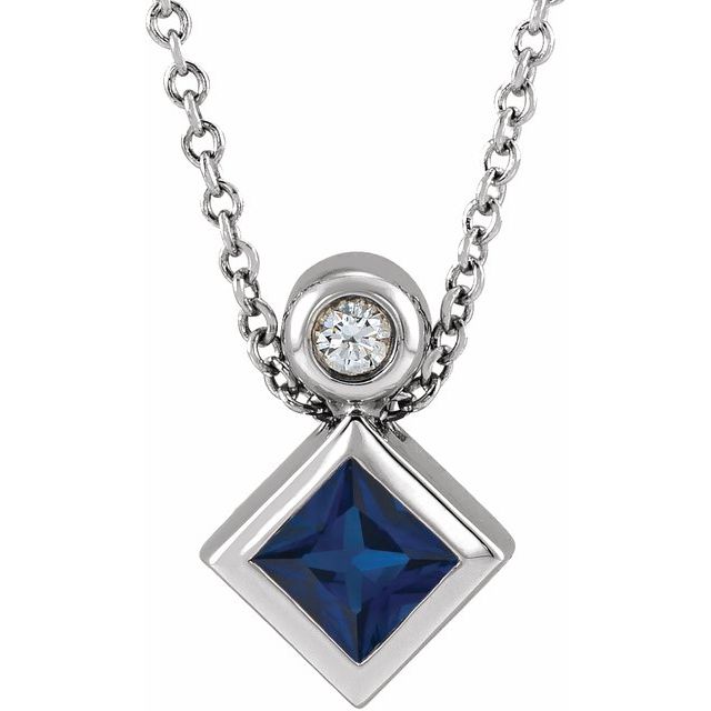 Platinum 4x4 mm Square Natural Blue Sapphire & .03 CT Natural Diamond 16-18" Necklace