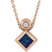 14K Rose 4x4 mm Square Natural Blue Sapphire & .03 CT Natural Diamond 16-18" Necklace