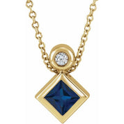 14K Yellow 4x4 mm Square Lab-Grown Blue Sapphire & .03 CT Natural Diamond 16-18" Necklace