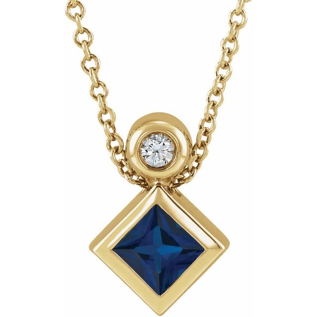 14K Yellow 4x4 mm Square Lab-Grown Blue Sapphire & .03 CT Natural Diamond 16-18" Necklace