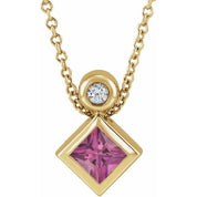 14K Yellow 4x4 mm Square Natural Pink Tourmaline & .03 CT Natural Diamond 16-18" Necklace